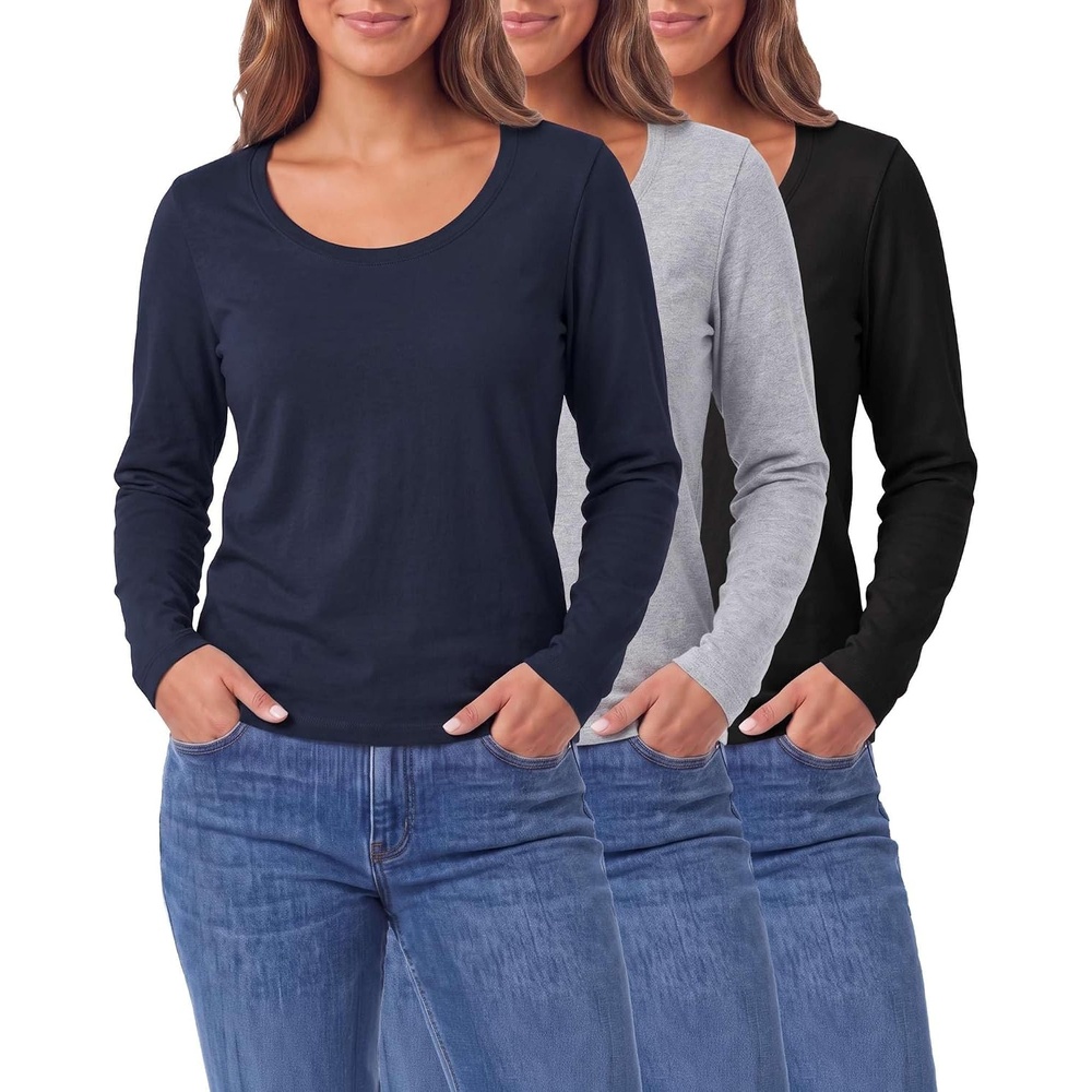 image:image3 Pack Womens Cotton Scoop Neck Long Sleeve Shirts Tops Casual Work TeesSolid Black Solid Navy Blazer Grey Heather