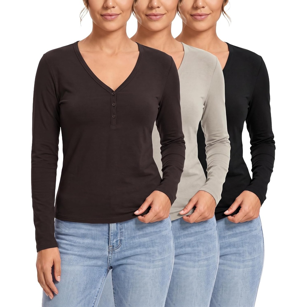 image:image3 Pack Womens Cotton V Neck Henley Shirts Long Sleeve Tops Casual Work TeesSolid Black Solid Chocolate Torte Solid Moonbeam