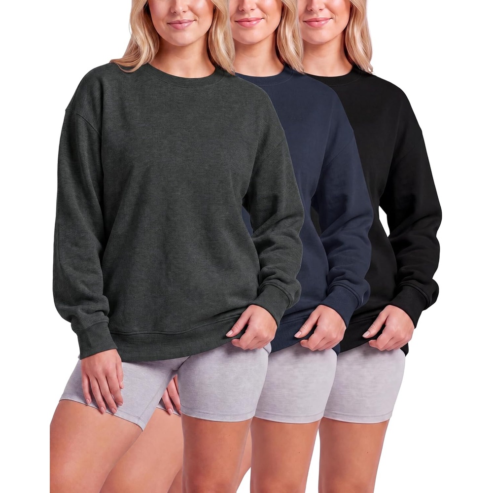 image:image3 Pack Womens Fleece Oversized Baggy Crewneck Sweatshirt Pullover SweaterSolid Black Solid Navy Blazer Charcoal Heather