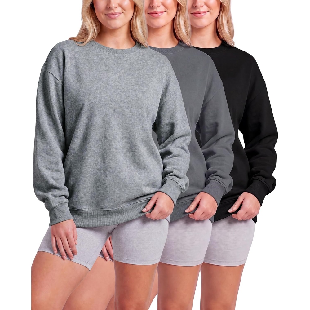 image:image3 Pack Womens Fleece Oversized Baggy Crewneck Sweatshirt Pullover SweaterSolid Black Solid Quiet Shade Grey Heather