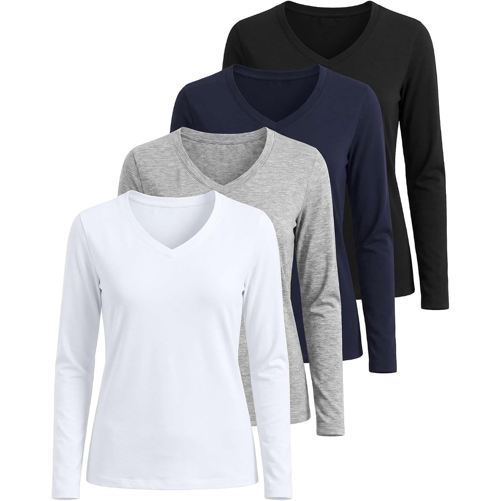 image:image4 Pack Womens Long Sleeve Cotton V Neck Tshirts Basic Tees Tops UndershirtSet 10