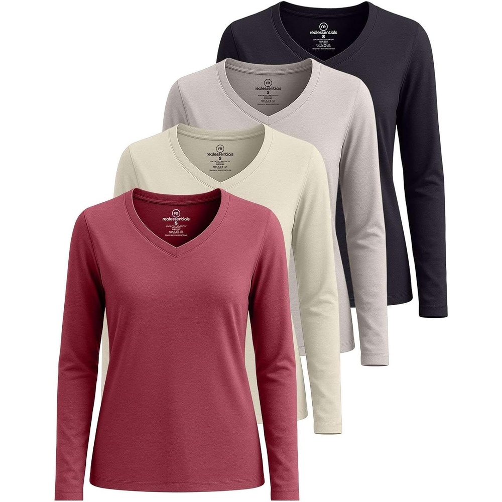 image:image4 Pack Womens Long Sleeve Cotton V Neck Tshirts Basic Tees Tops UndershirtSet 5
