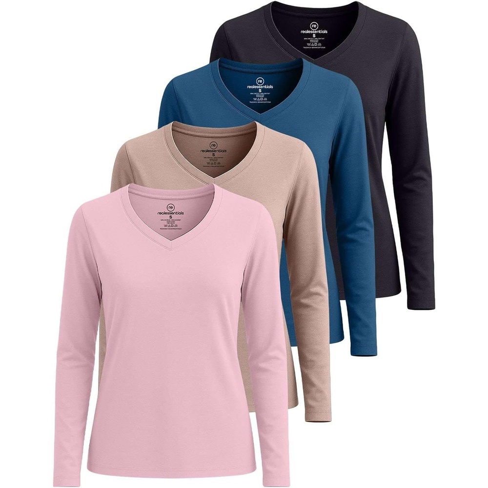 image:image4 Pack Womens Long Sleeve Cotton V Neck Tshirts Basic Tees Tops UndershirtSet 6