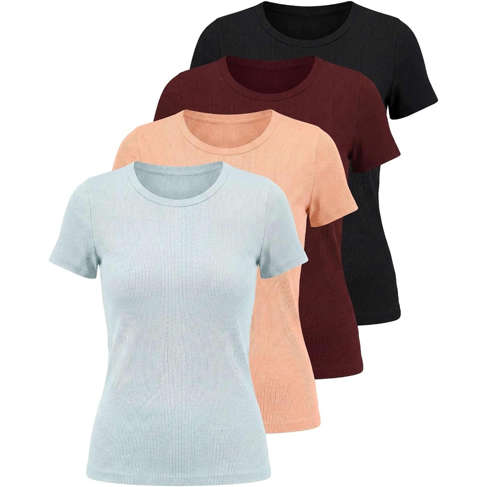 image:image4 Pack Womens Ribbed Tshirts Short Sleeve Crew Neck Tees Basic Tops CasualSet 2