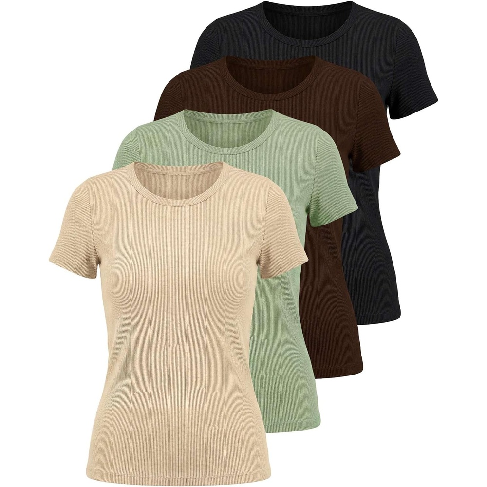 image:image4 Pack Womens Ribbed Tshirts Short Sleeve Crew Neck Tees Basic Tops CasualSet 3