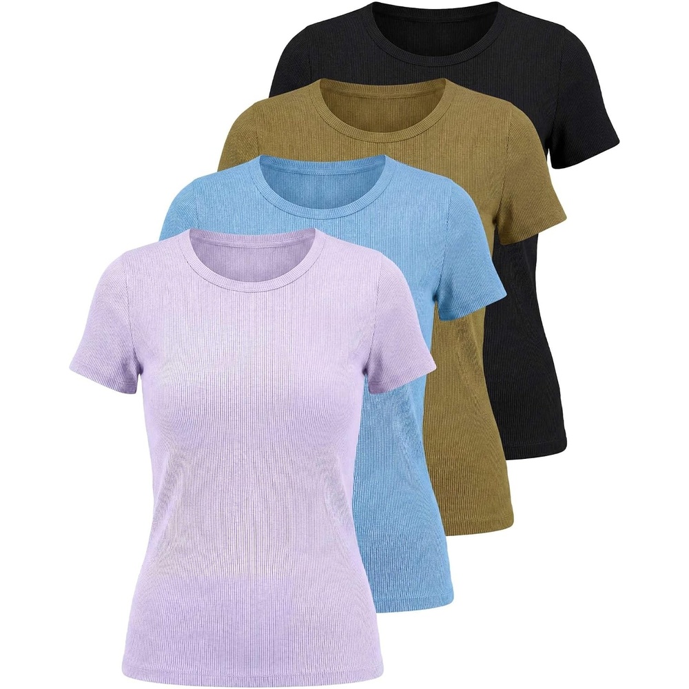 image:image4 Pack Womens Ribbed Tshirts Short Sleeve Crew Neck Tees Basic Tops CasualSet 4