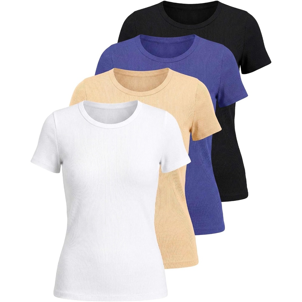 image:image4 Pack Womens Ribbed Tshirts Short Sleeve Crew Neck Tees Basic Tops CasualSet 7