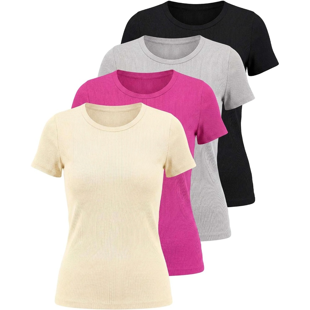 image:image4 Pack Womens Ribbed Tshirts Short Sleeve Crew Neck Tees Basic Tops CasualSet 8