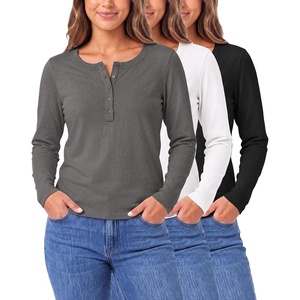 3 Pack Womens Cotton Henley Shirts Long Sleeve Button Tops Casual Work Tees(Solid Black  Charcoal Heather  Solid Bright White)