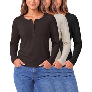 3 Pack Womens Cotton Henley Shirts Long Sleeve Button Tops Casual Work Tees(Solid Black  Solid Chocolate Torte  Solid Moonbeam)