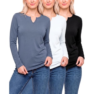 3 Pack Womens Cotton Long Sleeve Tshirts Shirts Cute Tops Casual Work Tees(Solid Black  Solid Vintage Indigo  Solid Bright White)