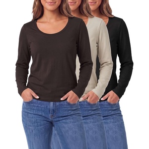 3 Pack Womens Cotton Scoop Neck Long Sleeve Shirts Tops Casual Work Tees(Solid Black  Solid Chocolate Torte  Solid Moonbeam)