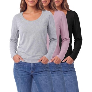 3 Pack Womens Cotton Scoop Neck Long Sleeve Shirts Tops Casual Work Tees(Solid Black  Solid Fragrant Lilac  Grey Heather)