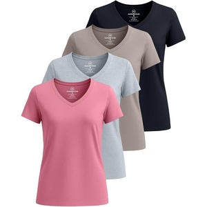 4 Pack Women’s Cotton Short Sleeve V Neck T Shirts Casual Tops Basic Tees(Set 2)