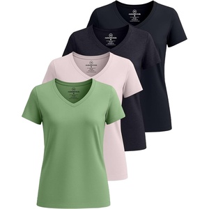 4 Pack Women’s Cotton Short Sleeve V Neck T Shirts Casual Tops Basic Tees(Set 4)