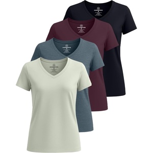 4 Pack Women’s Cotton Short Sleeve V Neck T Shirts Casual Tops Basic Tees(Set 5)
