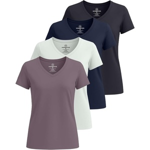 4 Pack Women’s Cotton Short Sleeve V Neck T Shirts Casual Tops Basic Tees(Set 8)