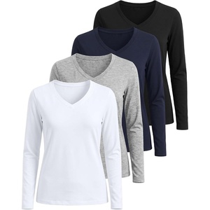4 Pack Women’s Long Sleeve Cotton V Neck Tshirts Basic Tees Tops Undershirt(Set 10)