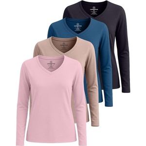 4 Pack Women’s Long Sleeve Cotton V Neck Tshirts Basic Tees Tops Undershirt(Set 6)