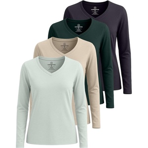 4 Pack Women’s Long Sleeve Cotton V Neck Tshirts Basic Tees Tops Undershirt(Set 7)