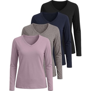 4 Pack Women’s Long Sleeve Cotton V Neck Tshirts Basic Tees Tops Undershirt(Set 9)