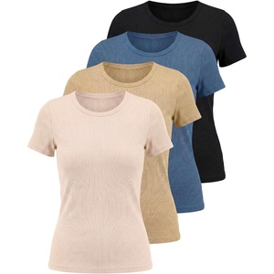 4 Pack Women’s Ribbed Tshirts Short Sleeve Crew Neck Tees Basic Tops Casual(Set 1)