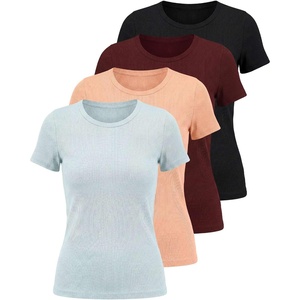 4 Pack Women’s Ribbed Tshirts Short Sleeve Crew Neck Tees Basic Tops Casual(Set 2)