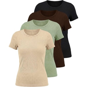 4 Pack Women’s Ribbed Tshirts Short Sleeve Crew Neck Tees Basic Tops Casual(Set 3)