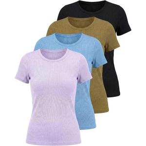 4 Pack Women’s Ribbed Tshirts Short Sleeve Crew Neck Tees Basic Tops Casual(Set 4)