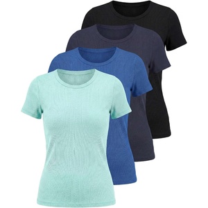4 Pack Women’s Ribbed Tshirts Short Sleeve Crew Neck Tees Basic Tops Casual(Set 6)