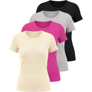 4 Pack Women’s Ribbed Tshirts Short Sleeve Crew Neck Tees Basic Tops Casual(Set 8)