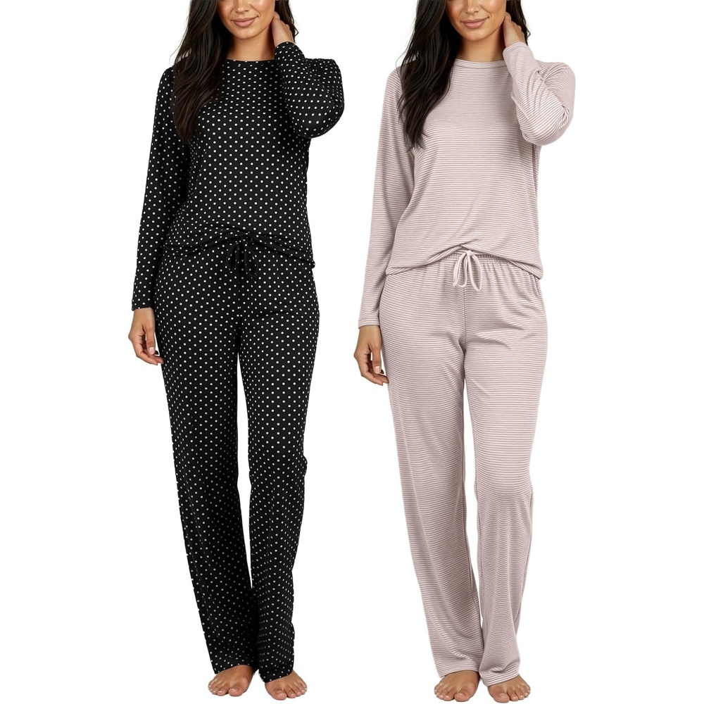 image:image2 Pack Womens Pajama Sets Long Sleeve Sleepwear Comfy Cute Loungewear PJSet C Black Pink