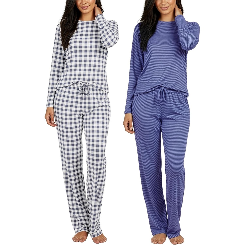 image:image2 Pack Womens Pajama Sets Long Sleeve Sleepwear Comfy Cute Loungewear PJSet D Blue Charcoal