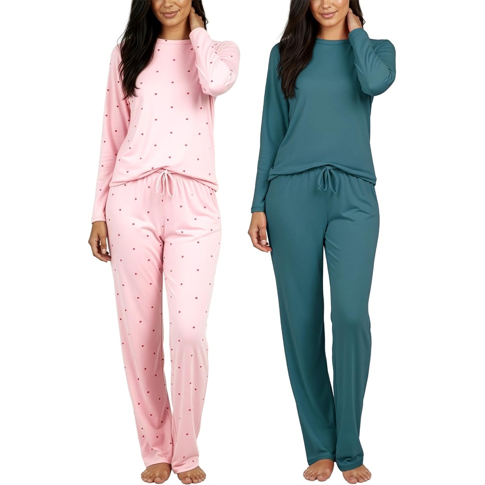 image:image2 Pack Womens Pajama Sets Long Sleeve Sleepwear Comfy Cute Loungewear PJSet F Green Pink