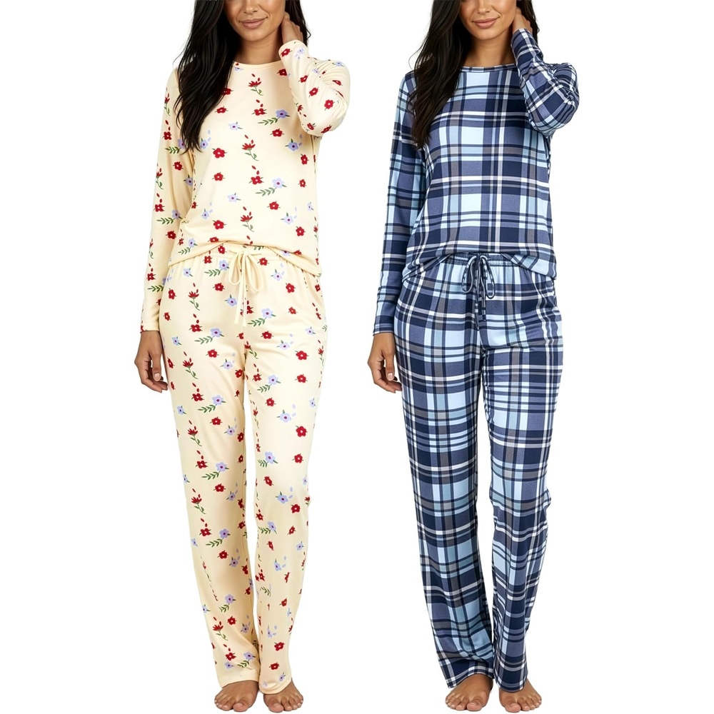image:image2 Pack Womens Pajama Sets Long Sleeve Sleepwear Comfy Cute Loungewear PJSet J Navy Beige
