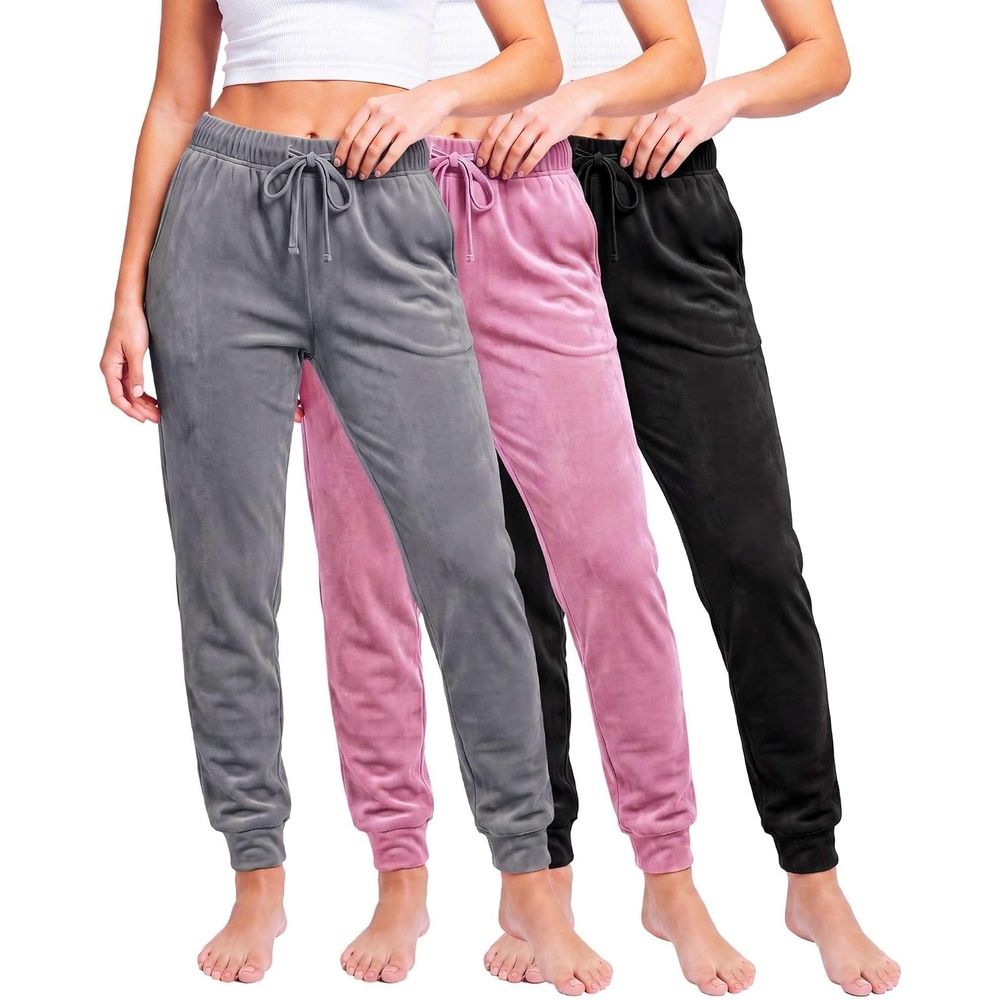 image:image3 Pack Women Velour Velvet Joggers Sweatpants Pants Cozy Lounge Pull OnSolid Black Solid Cashmere Rose Solid Quiet Shade