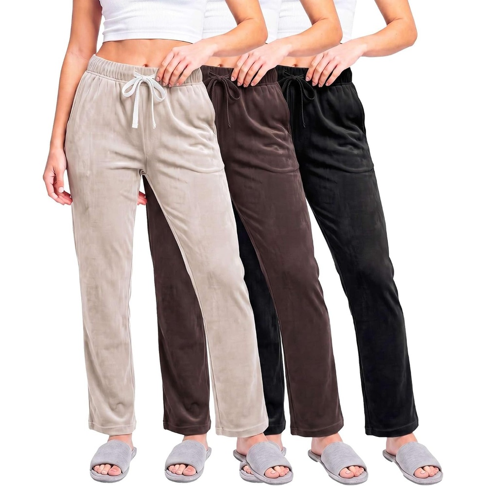 image:image3 Pack Women Velvet Straight Leg Pants Velour Sweatpants Cozy Lounge SoftSolid Black  Solid Chocolate Torte  Solid Moonbeam