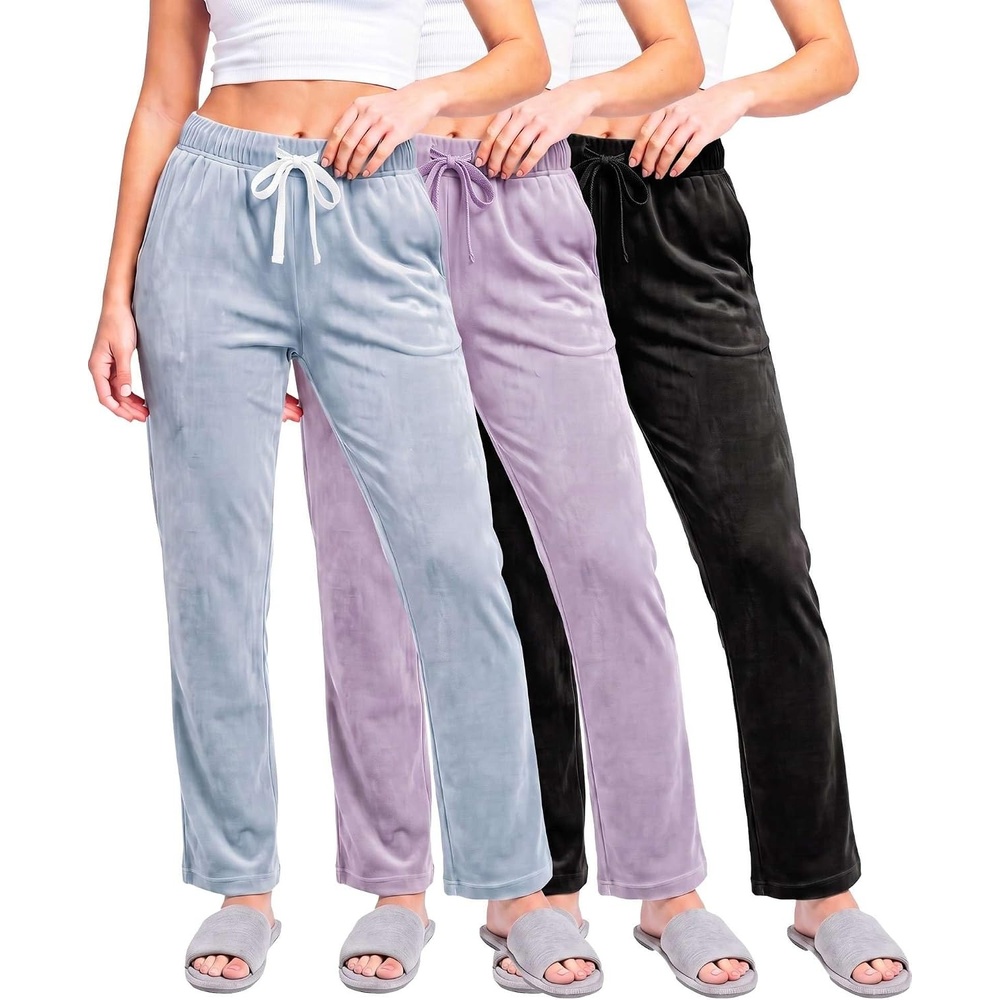 image:image3 Pack Women Velvet Straight Leg Pants Velour Sweatpants Cozy Lounge SoftSolid Black Solid Orchid Petal Solid Ballad Blue