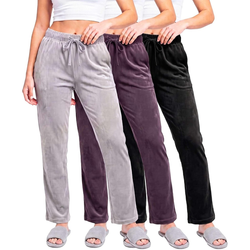 image:image3 Pack Women Velvet Straight Leg Pants Velour Sweatpants Cozy Lounge SoftSolid Black Solid Plum Perfect Solid Ultimate Grey