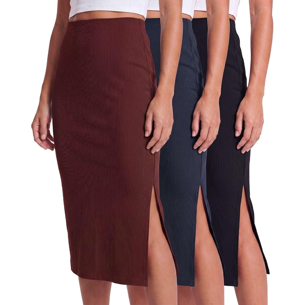 image:image3 Pack Womens Ribbed Midi Skirts High Waisted Pencil Knee Length Work SlitSet 3