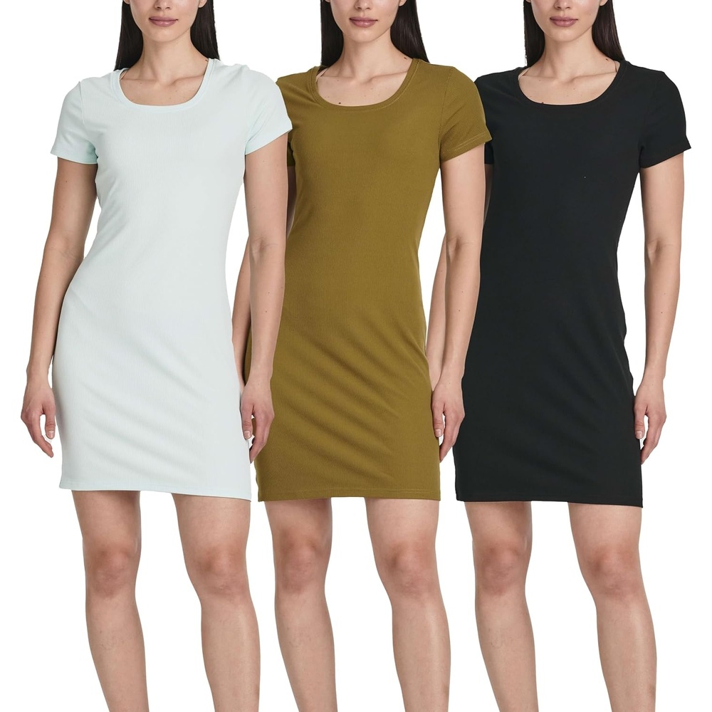 image:image3 Pack Womens Ribbed Tshirt Mini Dresses Scoop Neck Short Sleeve BodyconSolid Black Solid Martini Olive Solid Blue Glow