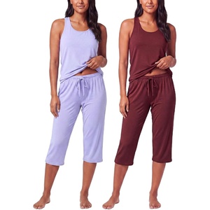2 Pack Women’s Pajama Sets 2 Piece Tank Top Capri Pants PJs Sleepwear Cute(Set 1)