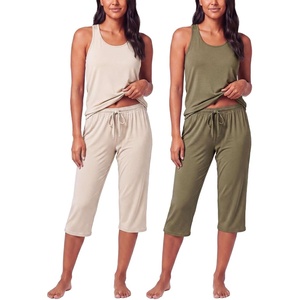 2 Pack Women’s Pajama Sets 2 Piece Tank Top Capri Pants PJs Sleepwear Cute(Set 2)