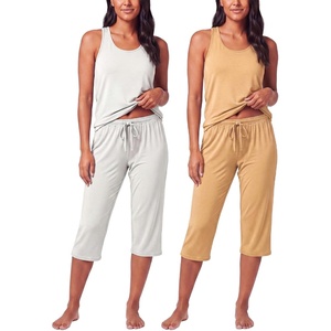 2 Pack Women’s Pajama Sets 2 Piece Tank Top Capri Pants PJs Sleepwear Cute(Set 3)