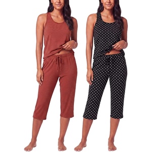 2 Pack Women’s Pajama Sets 2 Piece Tank Top Capri Pants PJs Sleepwear Cute(Set 5)