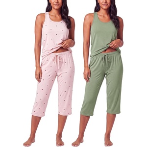 2 Pack Women’s Pajama Sets 2 Piece Tank Top Capri Pants PJs Sleepwear Cute(Set 8)