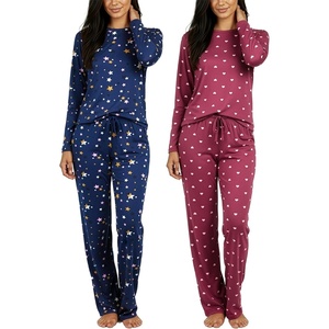 2 Pack Women’s Pajama Sets Long Sleeve Sleepwear Comfy Cute Loungewear PJ(Set L Burgundy & Blue)