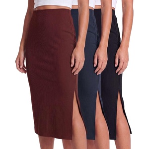 3 Pack Women’s Ribbed Midi Skirts High Waisted Pencil Knee Length Work Slit(Set 3)
