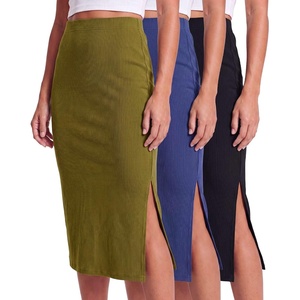 3 Pack Women’s Ribbed Midi Skirts High Waisted Pencil Knee Length Work Slit(Set 4)