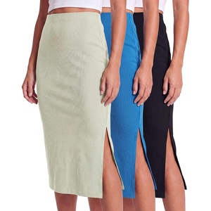 3 Pack Women’s Ribbed Midi Skirts High Waisted Pencil Knee Length Work Slit(Set 7)